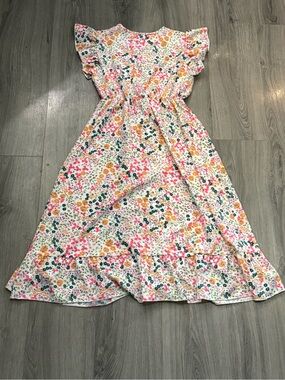 Floral Maxi Dress with Ruffle Sleeves — White Pink Green